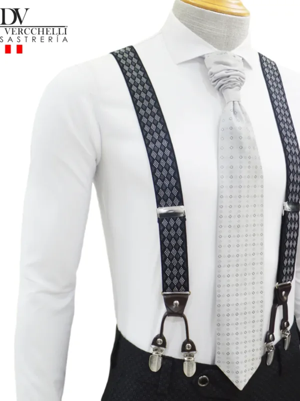 tirante T3G-7200-11 BROCADO NEGRO ROMBOS PLOMO Y BLANCO.